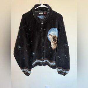 Outback Trading Company Wolf Black Fleece Full Zip Vintage Jacket XL